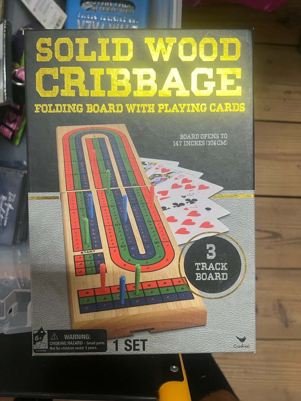 Cardinal Games Solid Wood 3-Track Folding Cribbage Board Game with Playing Cards
